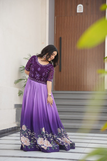 Function Wear Purple Color Faux Blooming With Embroidered Work And Rich Floral Padding Digital Printed Gown