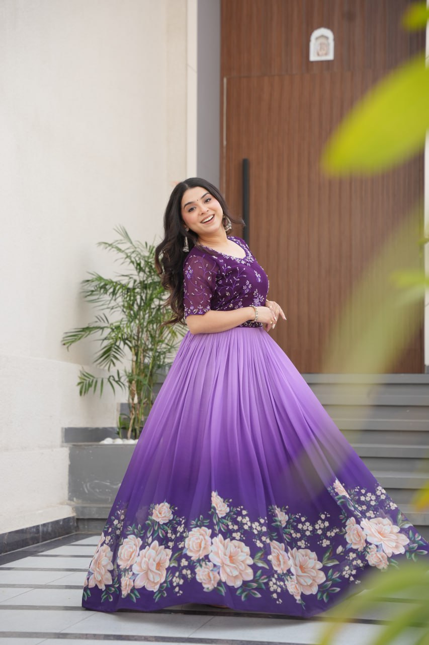 Function Wear Purple Color Faux Blooming With Embroidered Work And Rich Floral Padding Digital Printed Gown