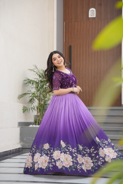 Function Wear Purple Color Faux Blooming With Embroidered Work And Rich Floral Padding Digital Printed Gown