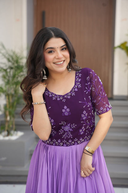 Function Wear Purple Color Faux Blooming With Embroidered Work And Rich Floral Padding Digital Printed Gown