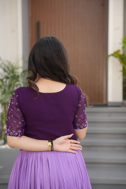 Function Wear Purple Color Faux Blooming With Embroidered Work And Rich Floral Padding Digital Printed Gown