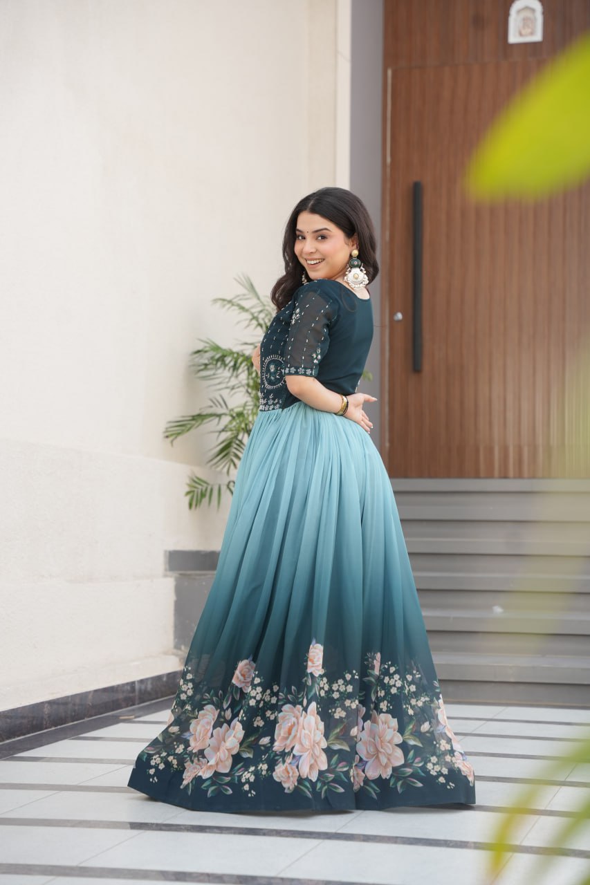 Function Wear Sky Color Faux Blooming With Embroidered Work And Rich Floral Padding Digital Printed Gown