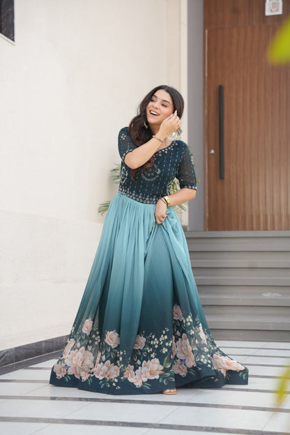 Function Wear Sky Color Faux Blooming With Embroidered Work And Rich Floral Padding Digital Printed Gown