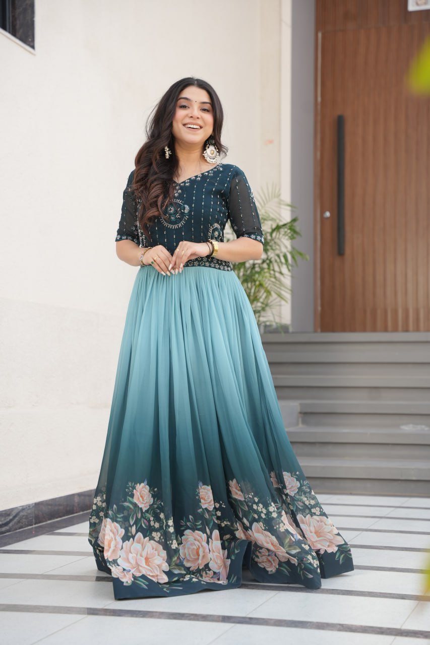 Function Wear Sky Color Faux Blooming With Embroidered Work And Rich Floral Padding Digital Printed Gown