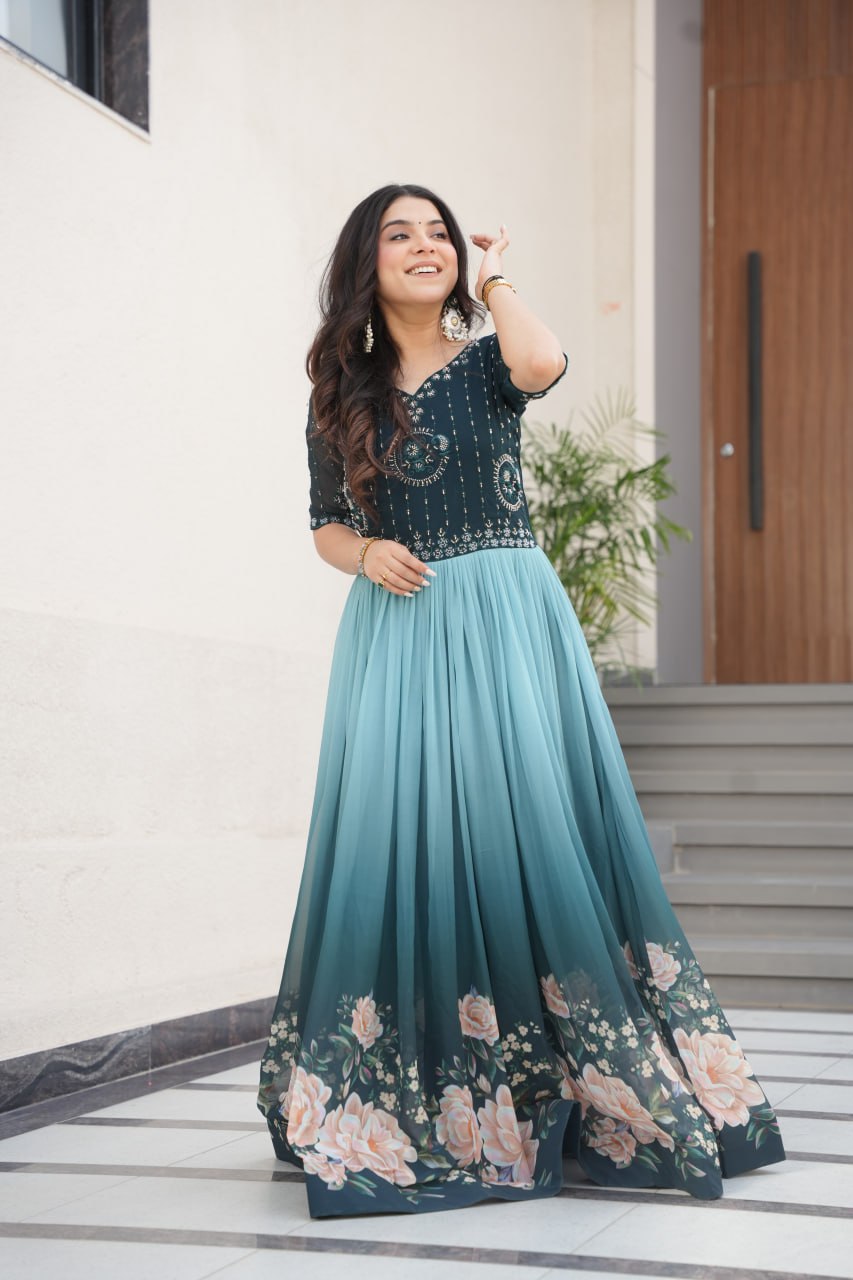 Function Wear Sky Color Faux Blooming With Embroidered Work And Rich Floral Padding Digital Printed Gown