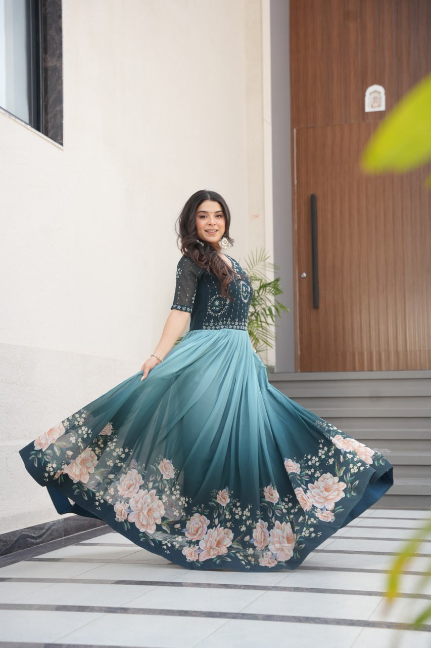 Function Wear Sky Color Faux Blooming With Embroidered Work And Rich Floral Padding Digital Printed Gown