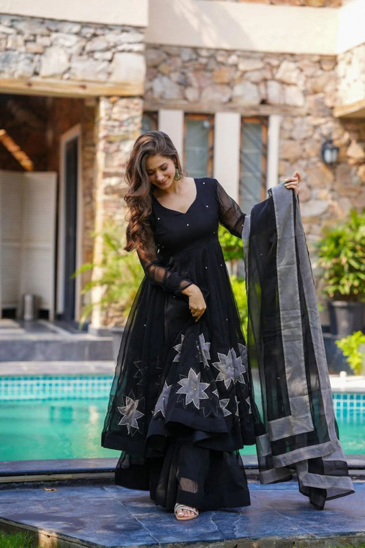 Wedding Wear Black Color Hand-Painted Anarkali Palazzo Suit
