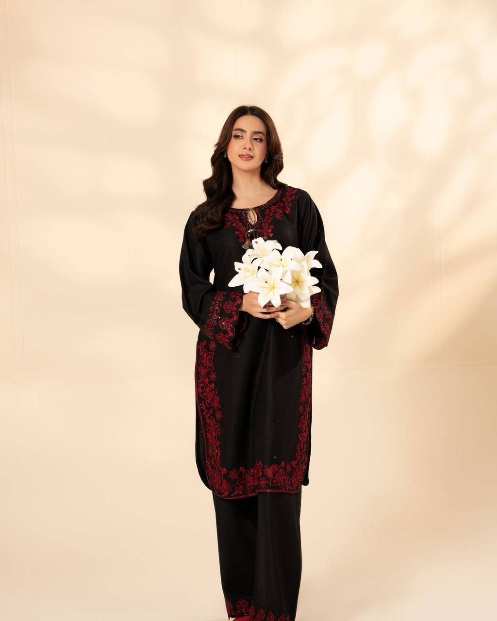 Function Wear Black Color Designer French Crepe Top With Palazzo