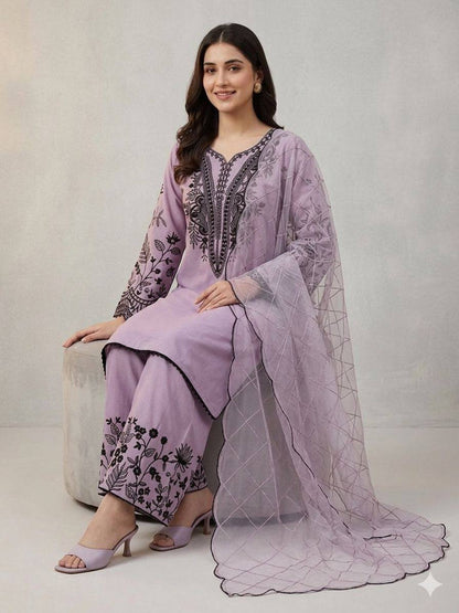 Elegant Lavender Color Mal Cotton Embroidery Work Plazzo Suit