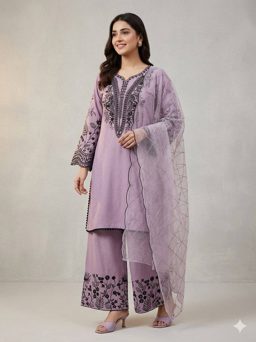 Elegant Lavender Color Mal Cotton Embroidery Work Plazzo Suit