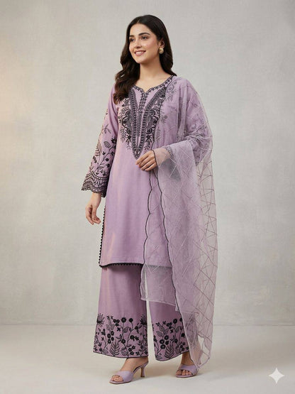 Elegant Lavender Color Mal Cotton Embroidery Work Plazzo Suit
