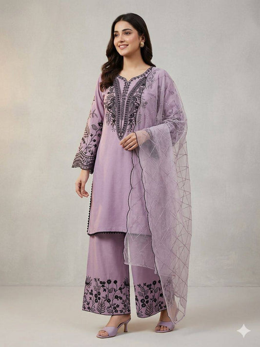 Elegant Lavender Color Mal Cotton Embroidery Work Plazzo Suit