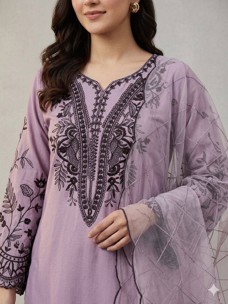 Elegant Lavender Color Mal Cotton Embroidery Work Plazzo Suit