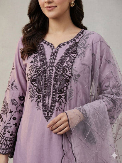 Elegant Lavender Color Mal Cotton Embroidery Work Plazzo Suit