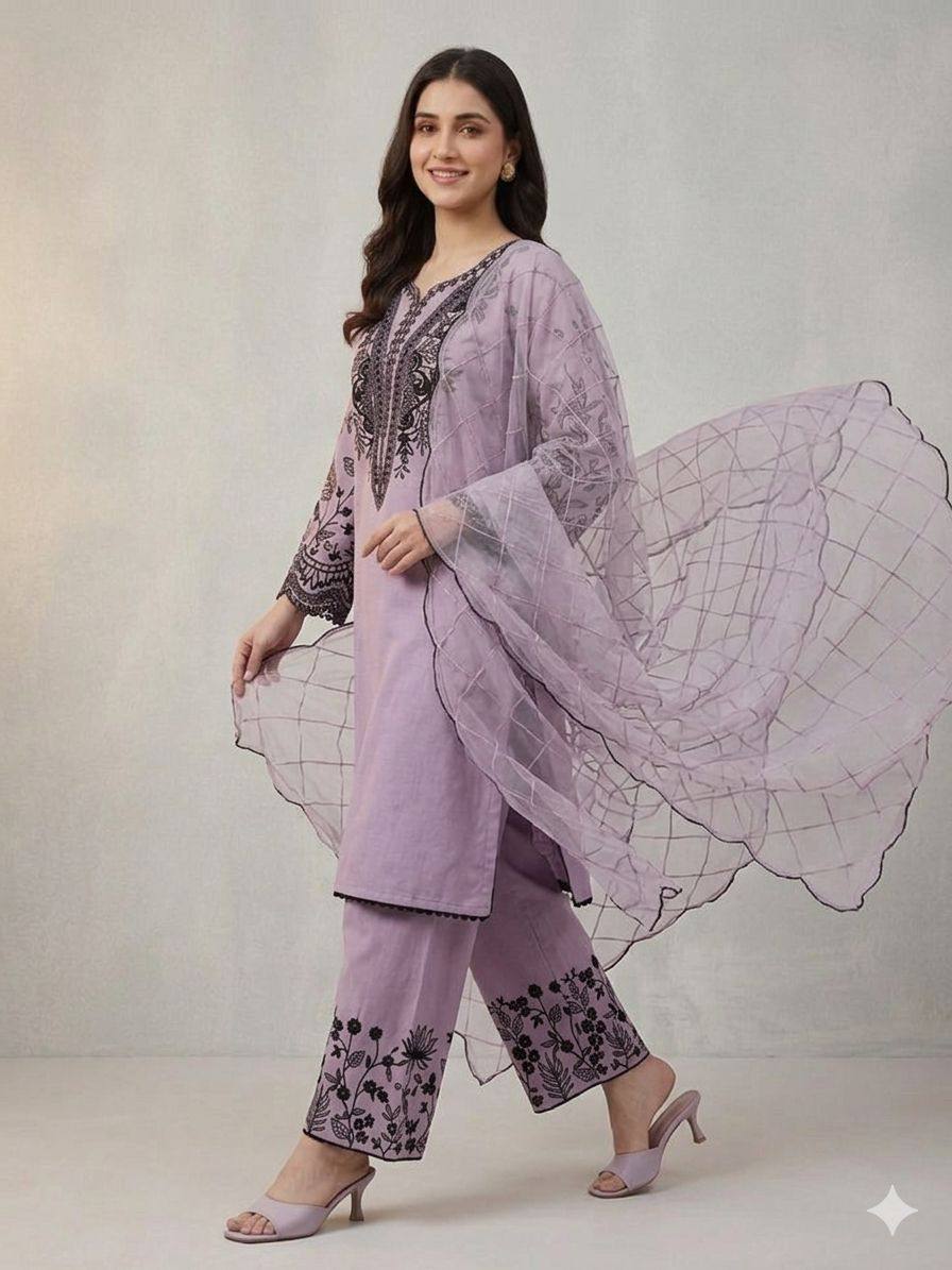 Elegant Lavender Color Mal Cotton Embroidery Work Plazzo Suit