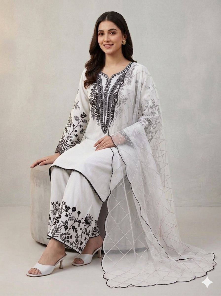 Elegant White Color Mal Cotton Embroidery Work Plazzo Suit