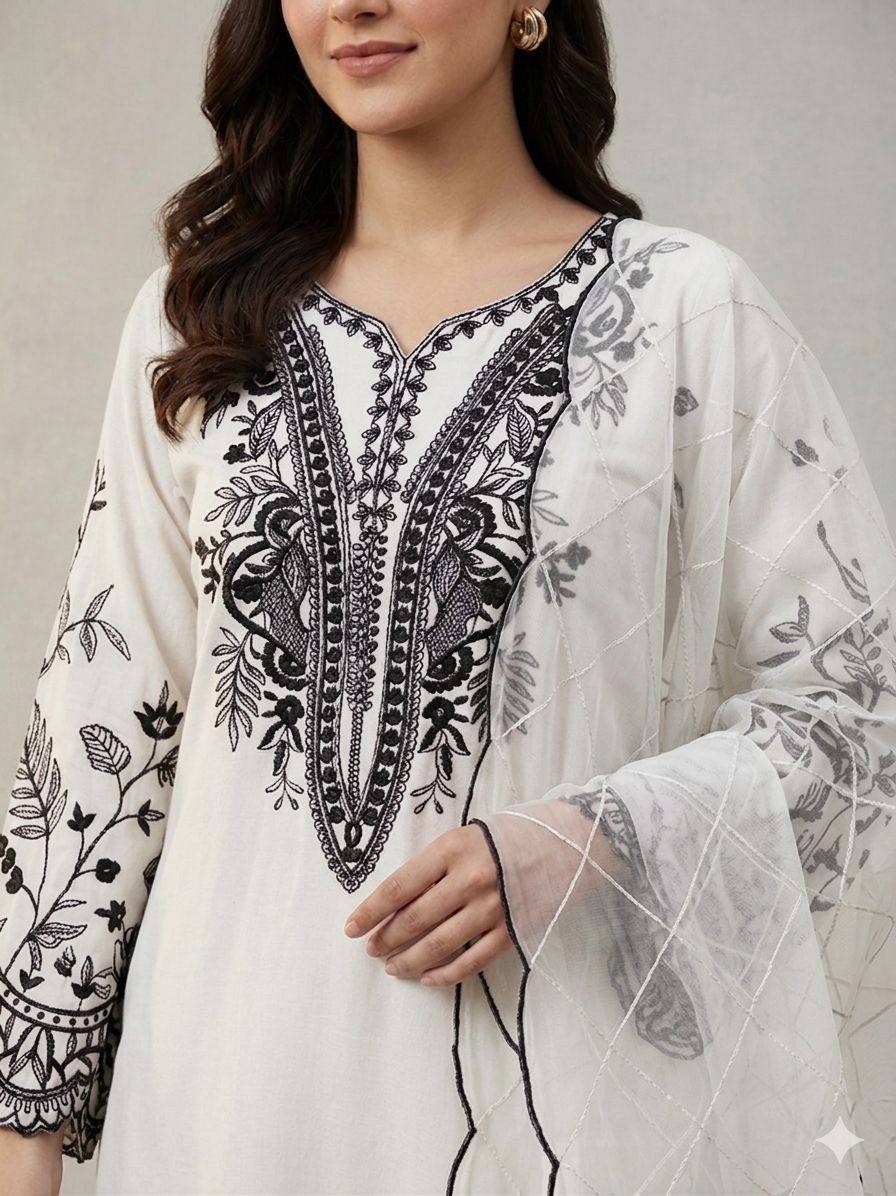 Elegant White Color Mal Cotton Embroidery Work Plazzo Suit