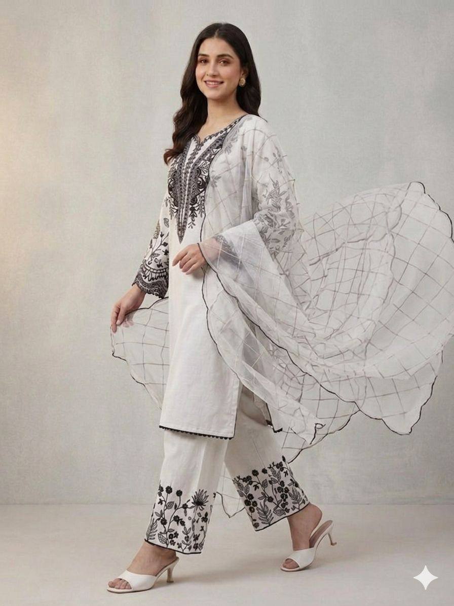 Elegant White Color Mal Cotton Embroidery Work Plazzo Suit