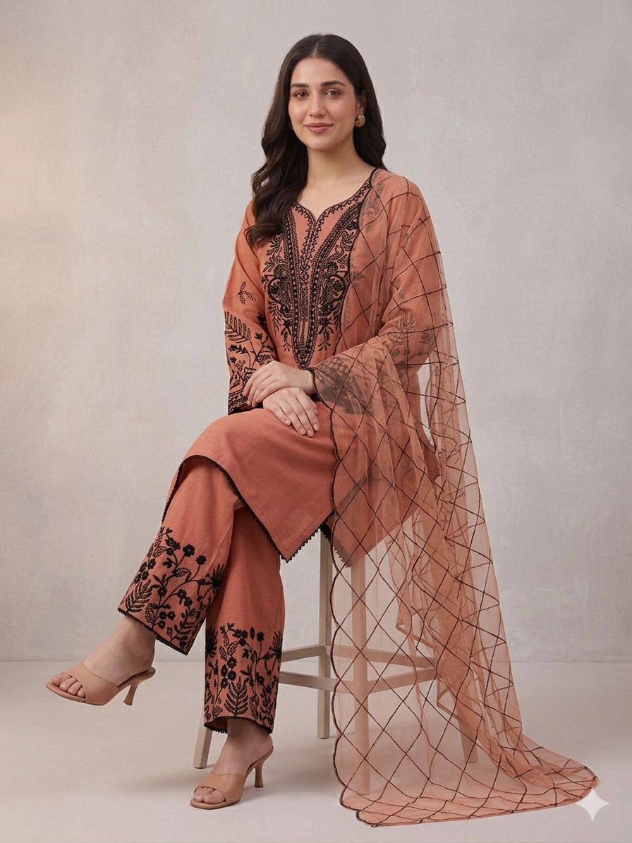 Elegant Orange Color Mal Cotton Embroidery Work Plazzo Suit