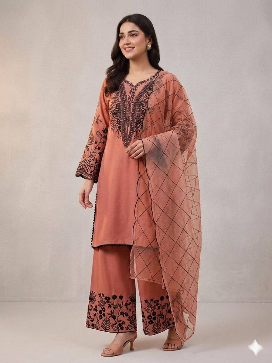 Elegant Orange Color Mal Cotton Embroidery Work Plazzo Suit