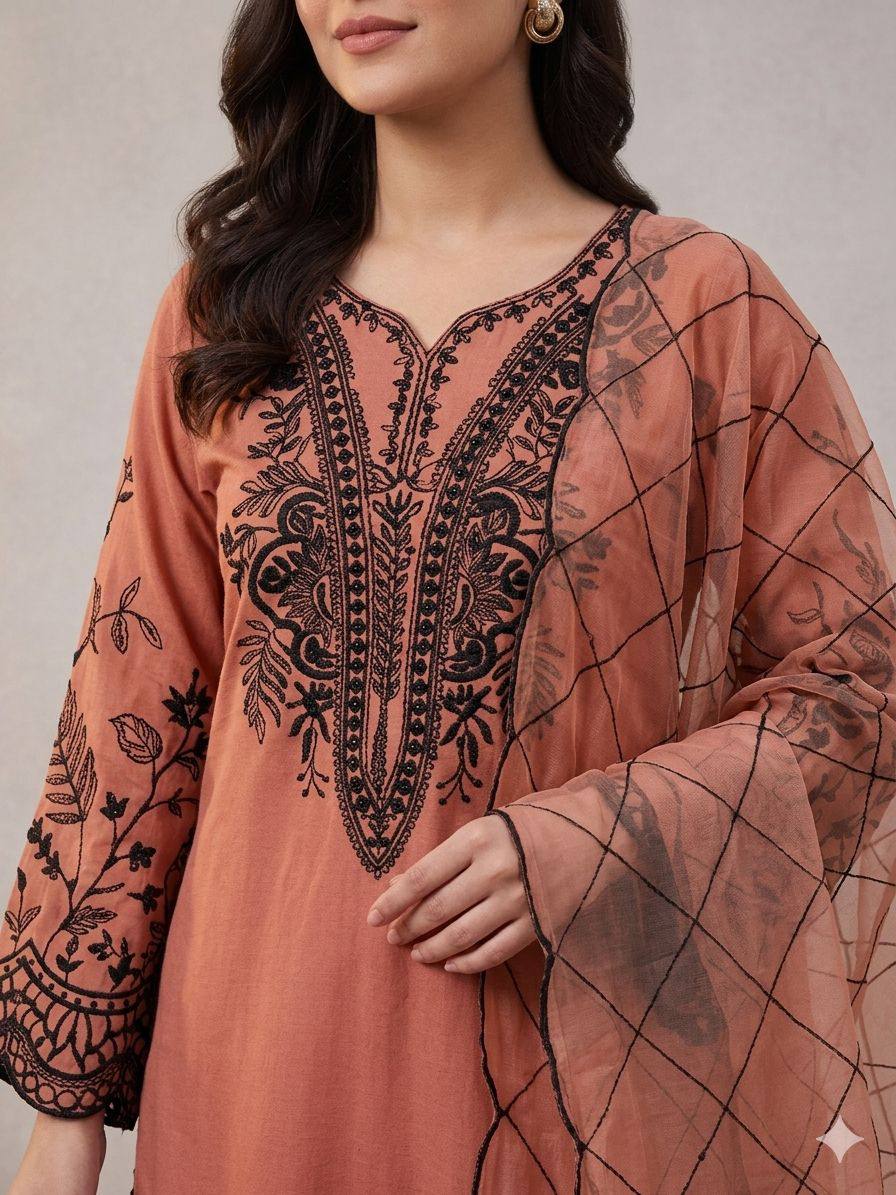 Elegant Orange Color Mal Cotton Embroidery Work Plazzo Suit