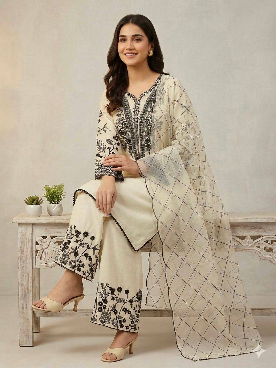 Elegant Cream Color Mal Cotton Embroidery Work Plazzo Suit