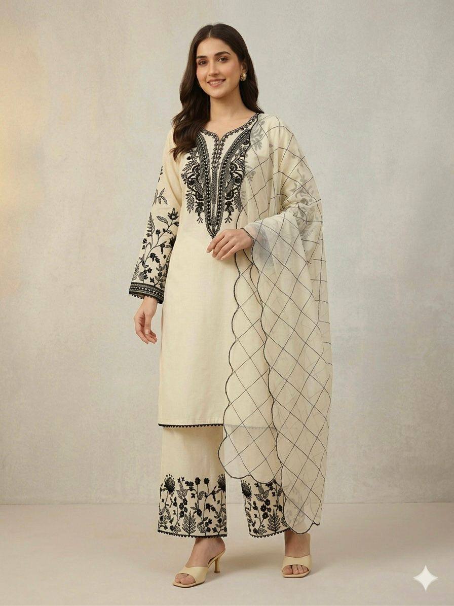 Elegant Cream Color Mal Cotton Embroidery Work Plazzo Suit