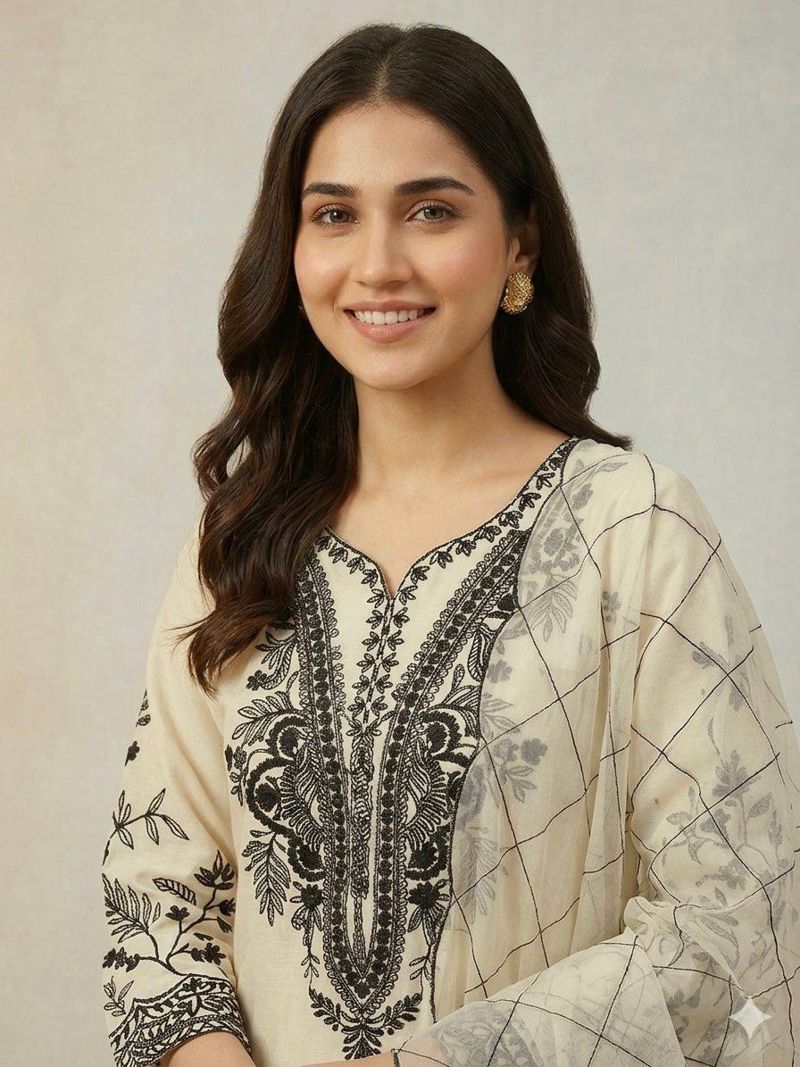 Elegant Cream Color Mal Cotton Embroidery Work Plazzo Suit