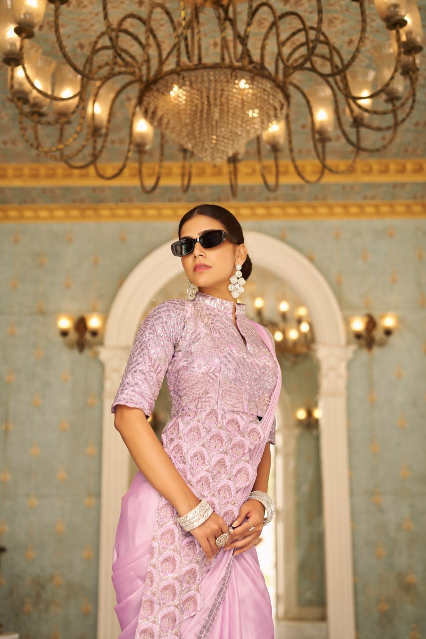Wedding Wear Baby Pink Color Chinon With Embroidery Work Ready To Wear Saree