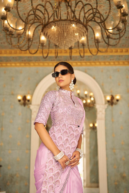 Wedding Wear Baby Pink Color Chinon With Embroidery Work Ready To Wear Saree