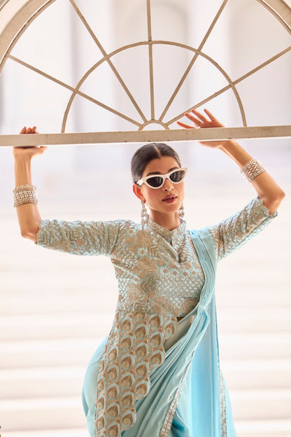 Wedding Wear Sky Blue Color Chinon With Embroidery Work Ready To Wear Saree