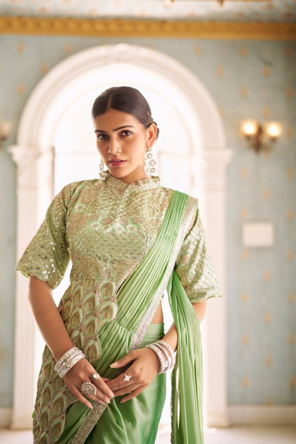 Wedding Wear Green Color Chinon With Embroidery Work Ready To Wear Saree