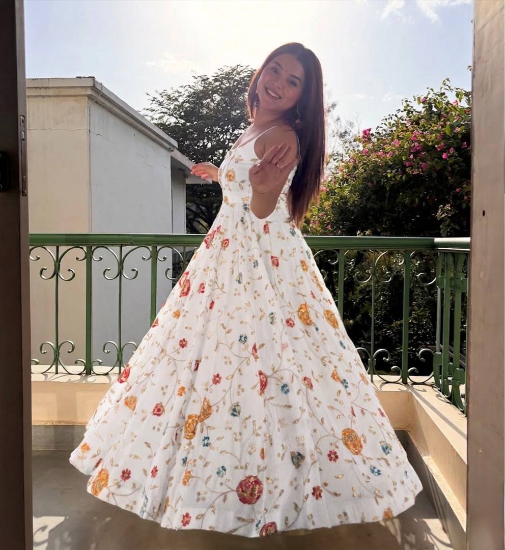 Wedding Wear White Color Crush Silk Beads Handwork Anarkali Suit
