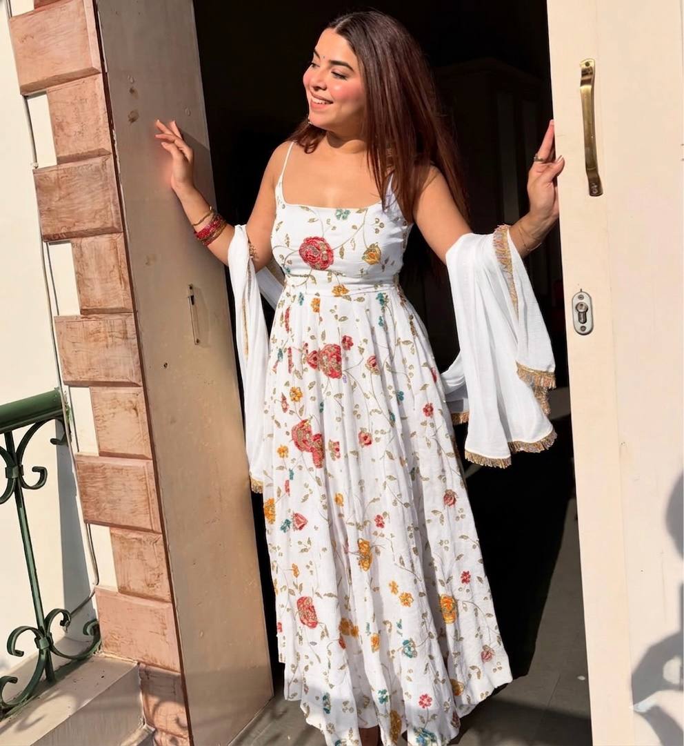 Wedding Wear White Color Crush Silk Beads Handwork Anarkali Suit