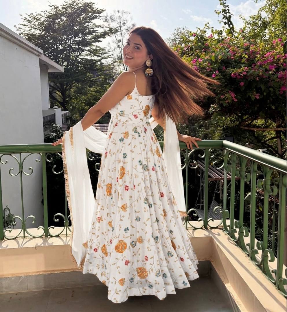 Wedding Wear White Color Crush Silk Beads Handwork Anarkali Suit