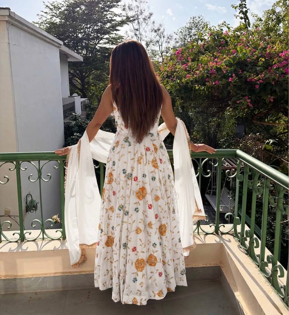 Wedding Wear White Color Crush Silk Beads Handwork Anarkali Suit