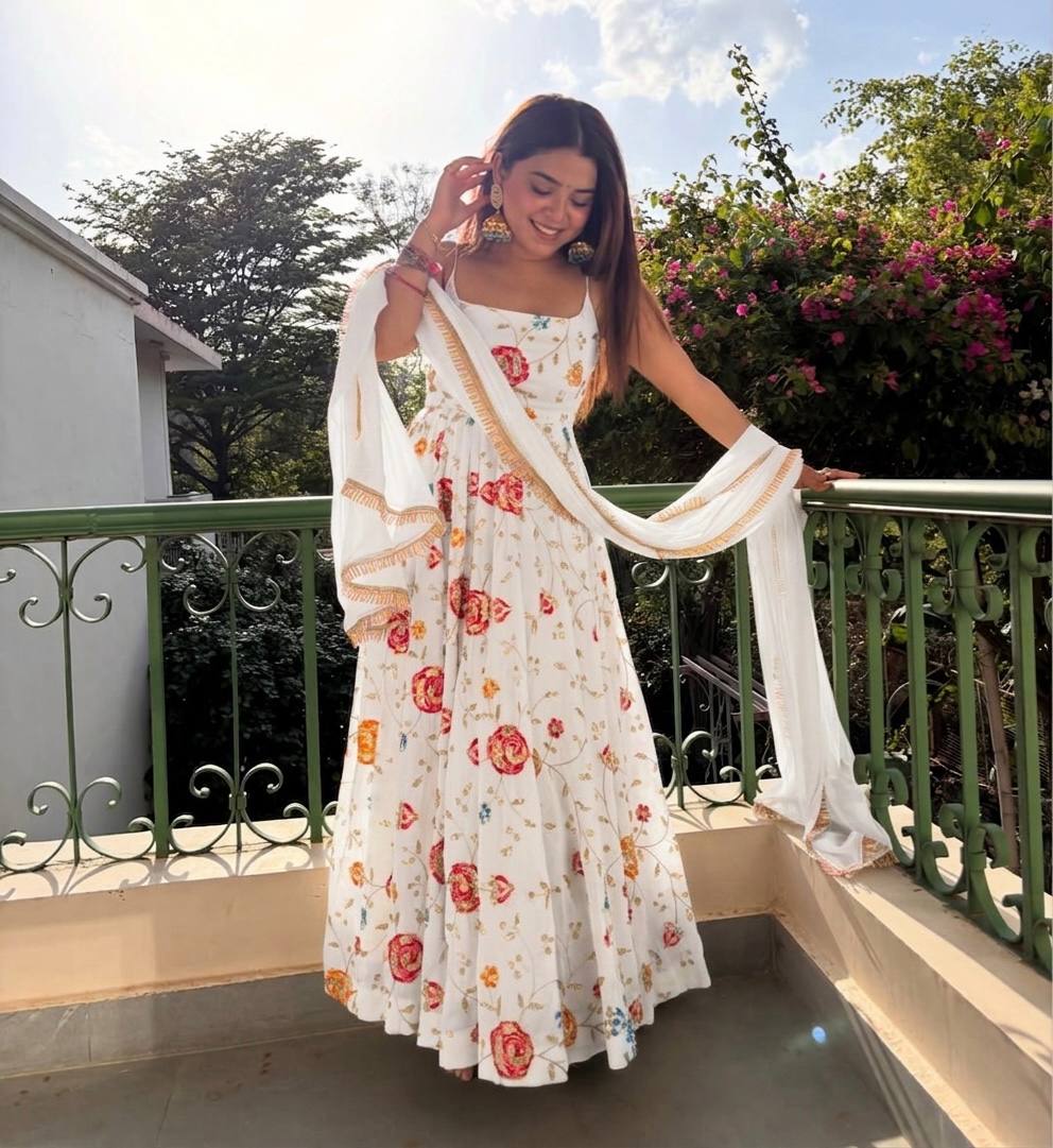Wedding Wear White Color Crush Silk Beads Handwork Anarkali Suit