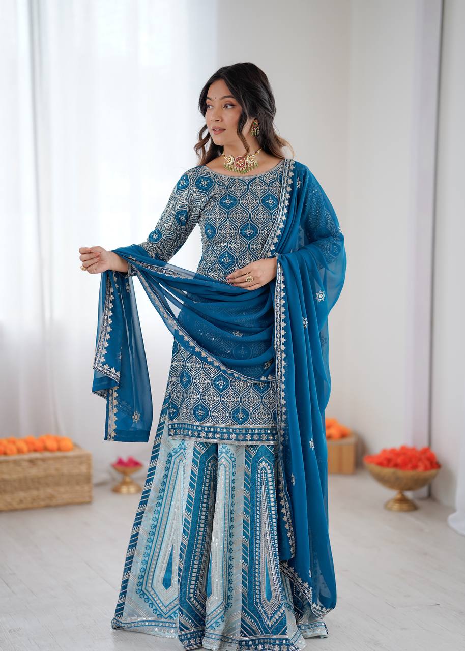 Arti Chauhan Sky Blue Color Faux Georgette Lehenga Set