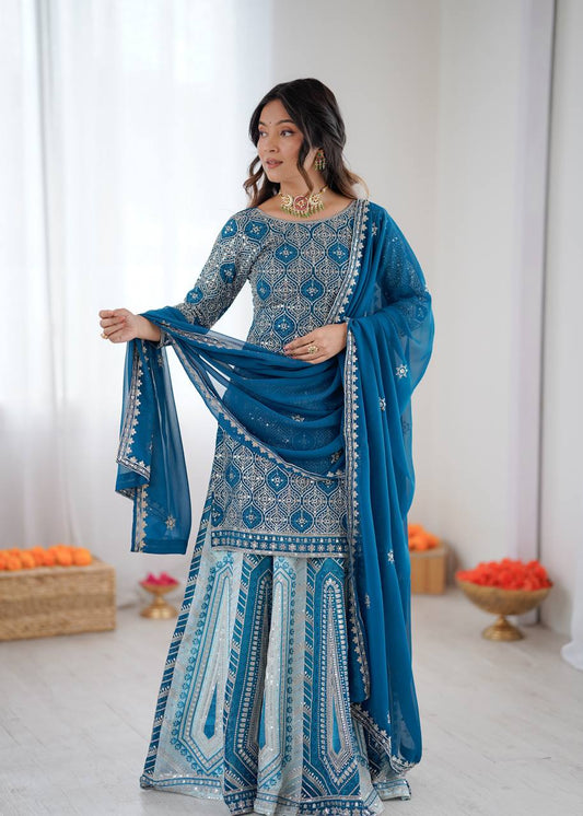Arti Chauhan Sky Blue Color Faux Georgette Lehenga Set