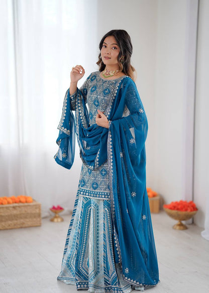 Arti Chauhan Sky Blue Color Faux Georgette Lehenga Set