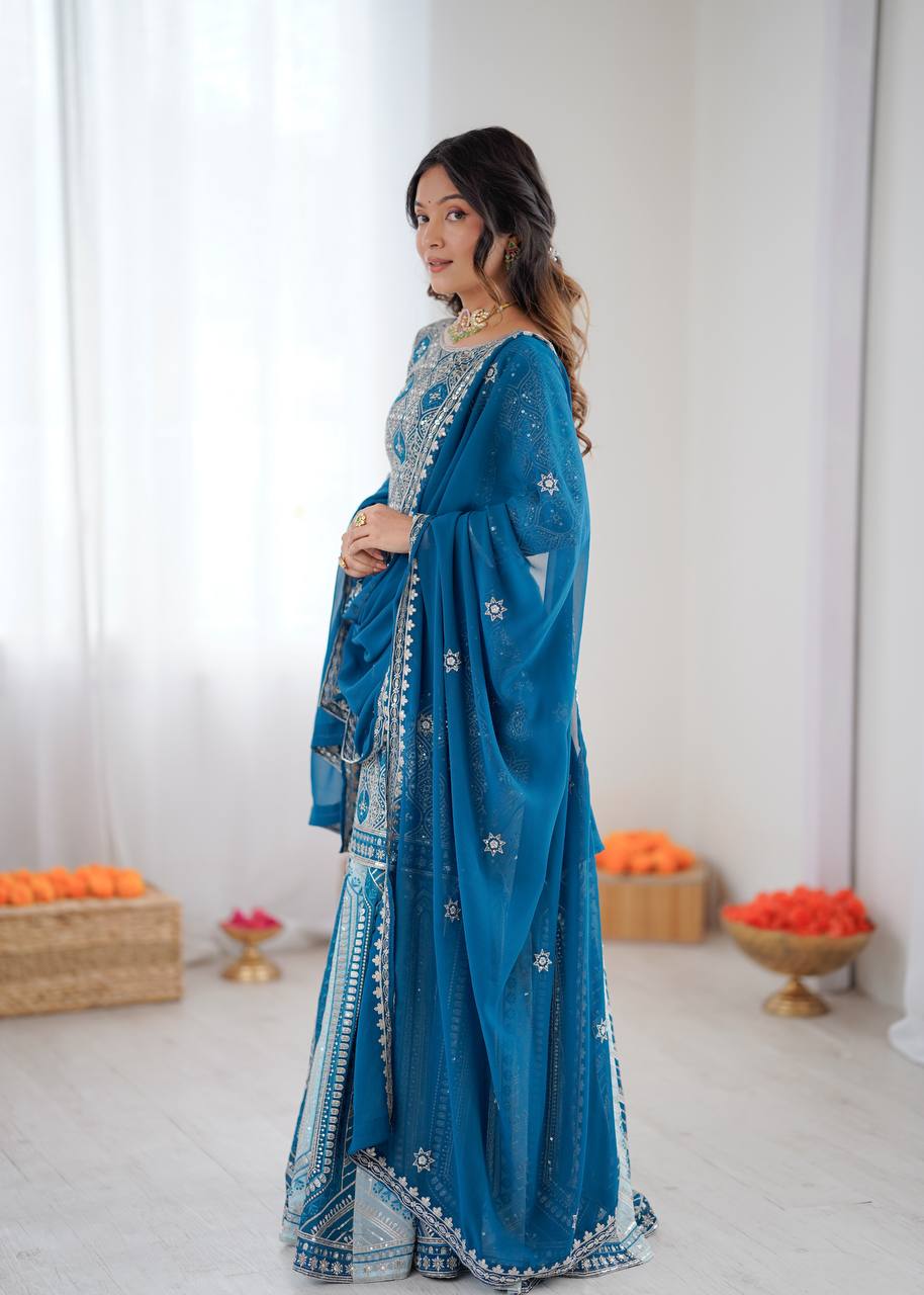 Arti Chauhan Sky Blue Color Faux Georgette Lehenga Set