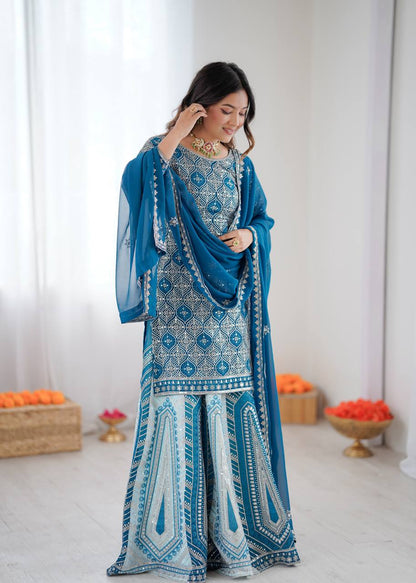 Arti Chauhan Sky Blue Color Faux Georgette Lehenga Set