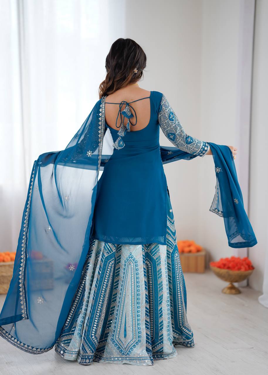 Arti Chauhan Sky Blue Color Faux Georgette Lehenga Set