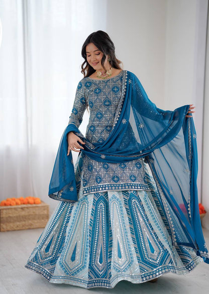 Arti Chauhan Sky Blue Color Faux Georgette Lehenga Set
