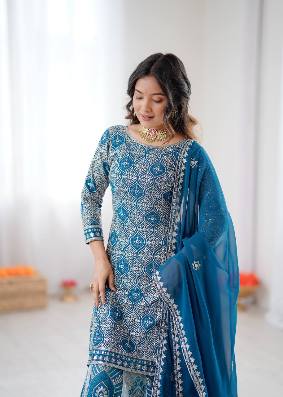Arti Chauhan Sky Blue Color Faux Georgette Lehenga Set