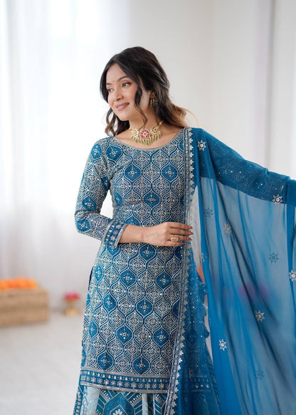 Arti Chauhan Sky Blue Color Faux Georgette Lehenga Set