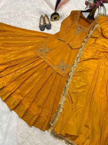Blissful Yellow Color Natural Crepe Silk Bids Hand Work With 3mm Sequence With Embroidery And Zari Work Lehenga Suit