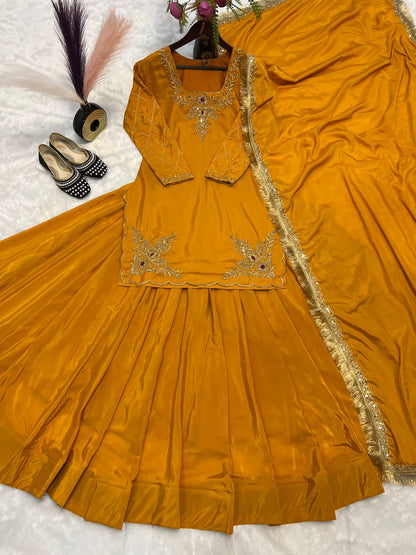 Blissful Yellow Color Natural Crepe Silk Bids Hand Work With 3mm Sequence With Embroidery And Zari Work Lehenga Suit