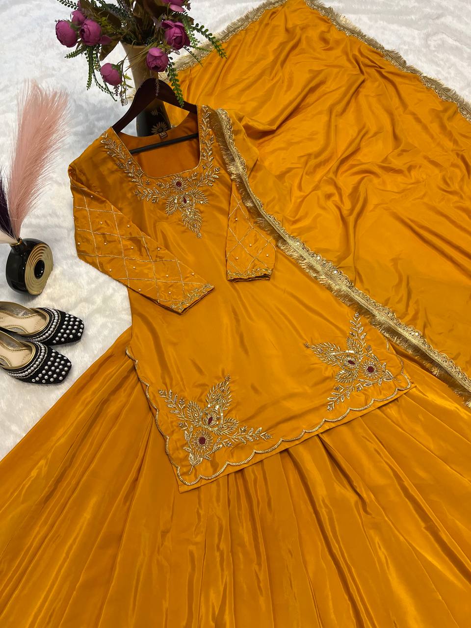 Blissful Yellow Color Natural Crepe Silk Bids Hand Work With 3mm Sequence With Embroidery And Zari Work Lehenga Suit