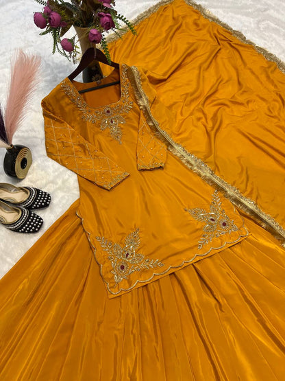 Blissful Yellow Color Natural Crepe Silk Bids Hand Work With 3mm Sequence With Embroidery And Zari Work Lehenga Suit